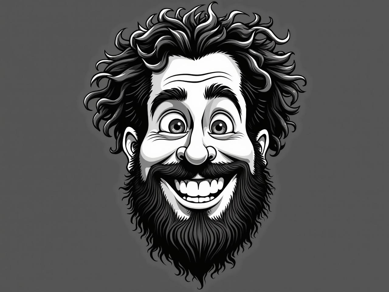 Create a caricature sketch of a smiling man with curly hair and a bushy beard. Emphasize his joyful expression and prominent features like his large eyes and broad smile. The background should be simple and dark to highlight the character. Use exaggerated proportions for the head and features to enhance the caricature style. Add playful details that capture his friendly demeanor.