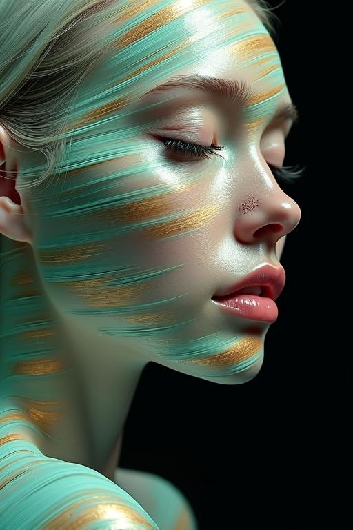 Close-up of a woman's face. Fair skin and platinum blonde hair pulled back. Eyes closed and lips slightly parted. Face covered in abstract teal and gold streaks. Teal streaks are sharp and linear. Gold streaks are diffuse blending into black background. Smooth detailed skin with highlights and shadows. Long dark eyelashes and soft coral pink lips. Modern avant-garde style blending abstract and digital art.