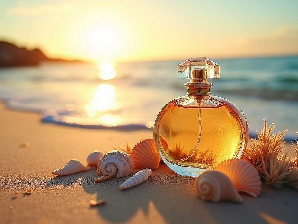 A perfume bottle on a beach with seashells, during a sunset.