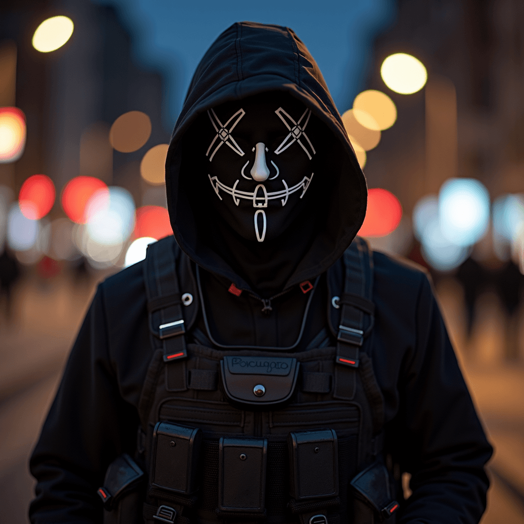 A person wearing a mask and hood stands on a city street at night.