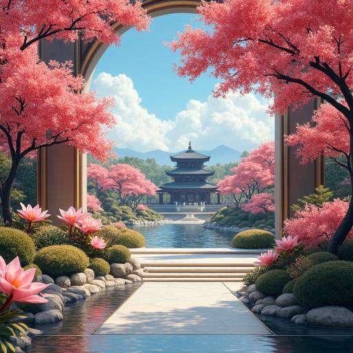 Futuristic interpretation of a luxurious Japanese royal palace garden. Scene features vibrant cherry blossoms framing a serene pond with lotus flowers. Bright blue skies above. Elegant architecture in the background. High-tech elements blend with traditional beauty.