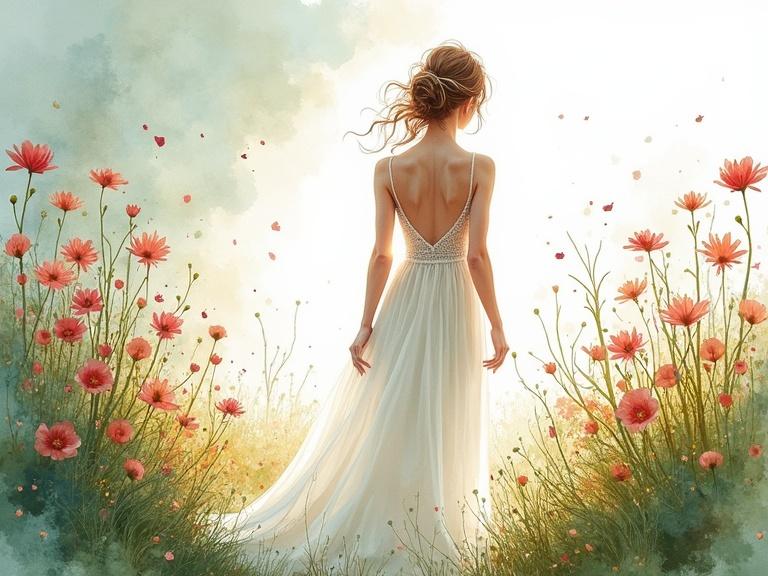 A bride stands in a lush garden surrounded by blooming flowers. The atmosphere is ethereal and magical. The artwork combines watercolor techniques with a whimsical style. Soft brushstrokes create a dreamy effect. The bride's dress flows gently as she admires the scenery.