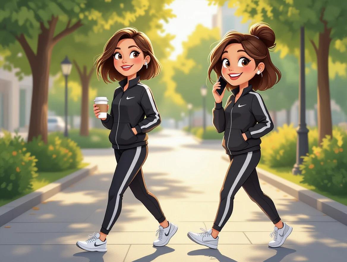 Wide-angle scene in a sunlit park with two women walking. One is a realistic woman in black Nike tracksuit. The other is a cartoon version of her with bright colors and playful expression. Both are engaged in conversation. Trees and soft light provide a whimsical atmosphere.