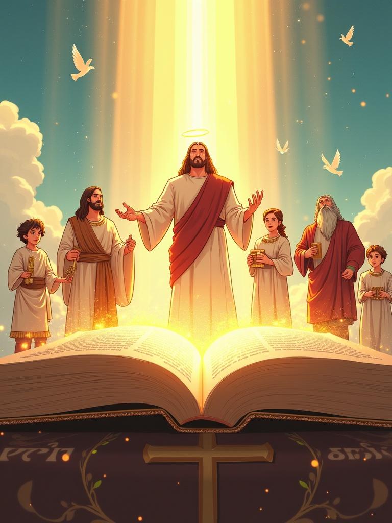 Anime-style open Bible on a pedestal radiating golden light. Figures of David, Daniel, Samson, Moses, Esther, Noah, and Jesus emerging from the pages. Celestial background with angels and doves. Low-angle shot capturing grandeur.