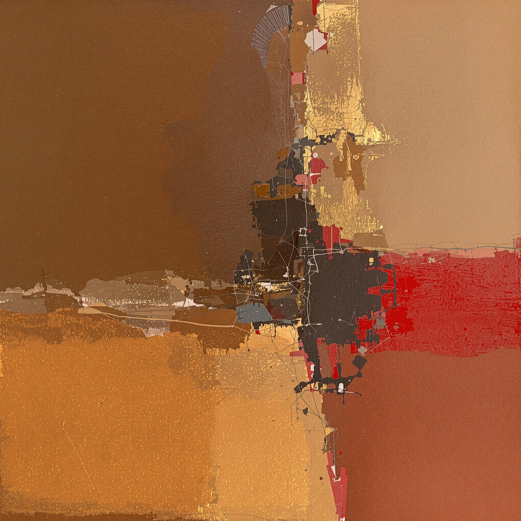 Abstract oil painting featuring a dominant brown background with accents of gold and red. The composition includes various geometric shapes and textured layers.