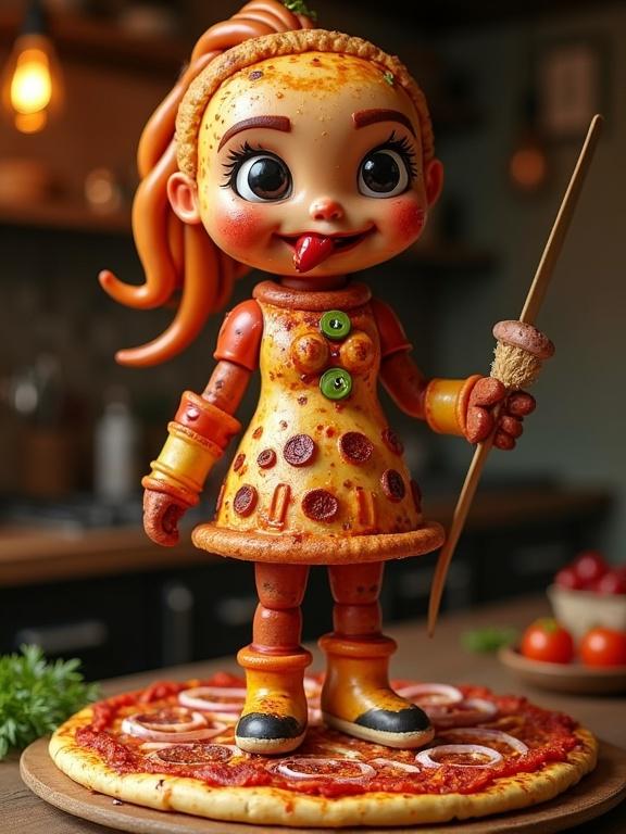 A whimsical character made of pizza toppings stands on a pizza peel. The character has a torso made of crust and melted cheese. Arms are made of pepperoni with bell pepper fingers. The eyes are black olives and the mouth is a tomato slice with a chili tongue. The character is decorated with mushrooms and onions. It's posed heroically on a rustic counter with scattered ingredients around. The lighting is warm and inviting. The style is playful and detailed.