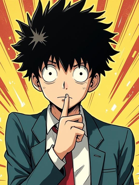 Character from Mob Psycho 100 in a suit with spiky black hair. The character is signaling to be quiet with a finger on lips. Bright comic style background with rays extending outward. Expressive eyes and dynamic pose.