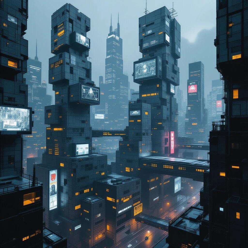 Dystopian cyberpunk cityscape features towers and buildings resembling grey cardboard. Architectural style includes wood planks and thermocol. Geometry is basic with brutalist influences. Skyscrapers are megalithic with silver windows. Nighttime setting with hyperrealism and glowing lights.