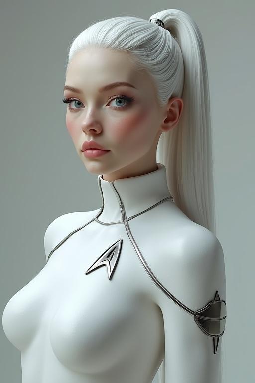Realistic depiction of a female character wearing a tight-fitting white bodysuit with Star Trek emblem. The character has long white hair, blue eyes and a shy expression. Background shows a futuristic teleporter scene with a starship. Emphasis on beauty and sci-fi elements.