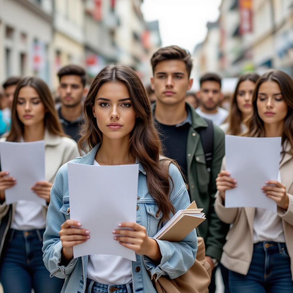 A group of young adults marching together, holding blank papers. The scene conveys a sense of tension and uncertainty. Some individuals exhibit worried expressions and shaky hands. The background shows a city street. Observing the group's demeanor evokes feelings of internal and external conflict.