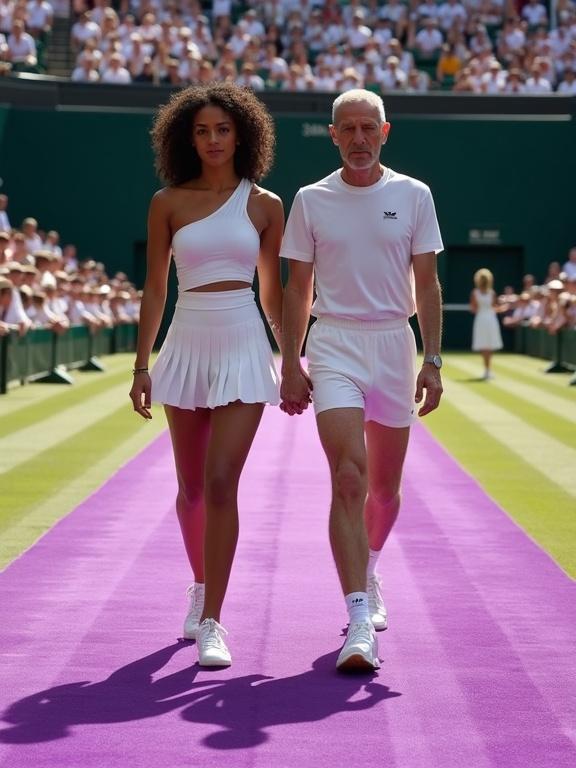 A pair walks on a purple carpet. A world-class female model in a futuristic tennis-inspired outfit. A shorter elder male referee in a Canadian heritage outfit. Both at Wimbledon Centre Court. The crowd is cheering. Bright daylight creates a vibrant atmosphere.