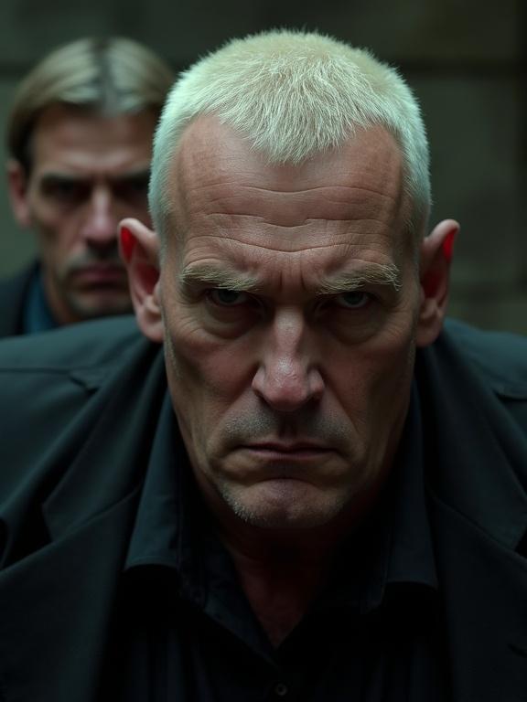 A large man with short cropped white blond hair and dark clothing stares menacingly. A middle aged man with a thin face stands behind him. Both have mean expressions. The camera angle is low.