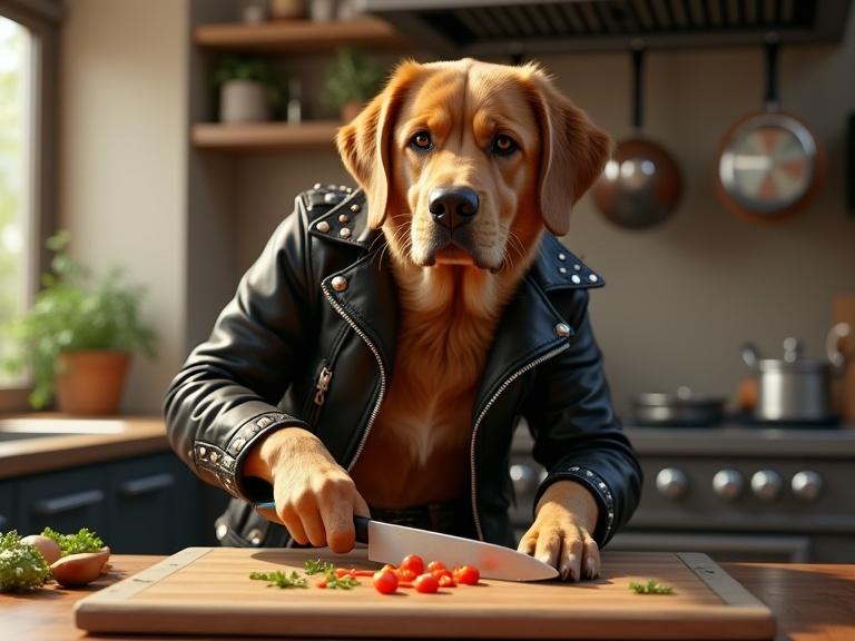 Caramel Labrador in a punk-rock outfit stands in a gourmet kitchen. The dog wears a leather jacket with studs. Natural light illuminates the scene. The dog chops vegetables with a chef’s knife on a cutting board. The expression is serious and focused.