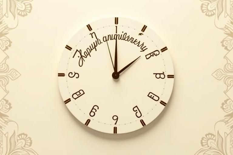 Minimalist clock face features customizable text. Text says Happy Anniversary in Devanagari script. Cream background highlights faint Rajasthani textile patterns.