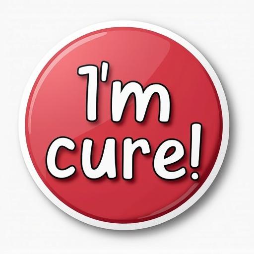 Sticker design featuring a round shape with the text I'm cure! in playful font. Bright colors used to enhance engagement.