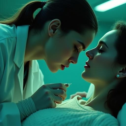 A tense moment in a hospital. A doctor injects a glowing green virus. The patient has pale skin. Unconscious beneath bright lights. The doctor appears focused. Clinical detachment is evident. Flickering fluorescent lights surround the scene.
