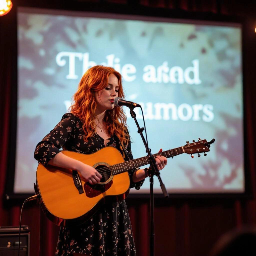 A red haired girl performs on stage, playing an acoustic guitar. A large backdrop displays text. The setting is intimate and dark. The perspective shows her far away, giving a sense of distance.