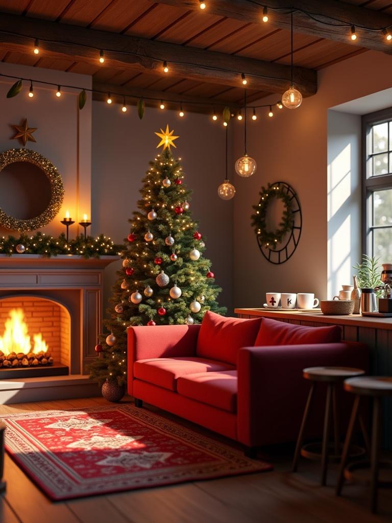 Cozy Christmas coffee shop with inviting decor. A red sofa is placed next to a crackling fireplace. A beautifully decorated Christmas tree stands nearby. There is a charming coffee bar with wooden stools and a coffee machine. The room is lit with warm LED lights creating a magical atmosphere.