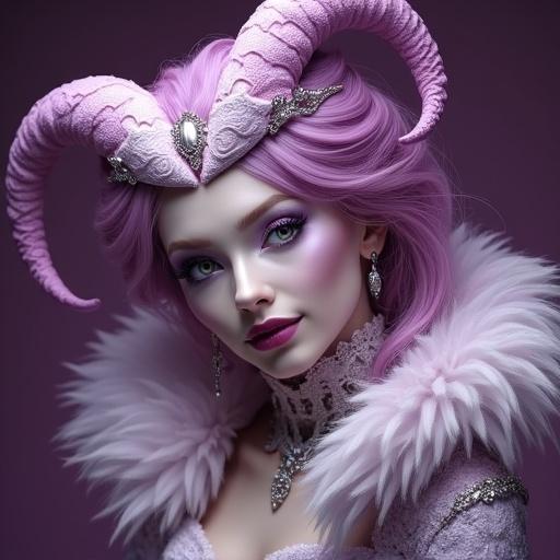 A Baroque inspired mythic portrait of a Banshee. Features an extravagant horned headdress. Color scheme includes white, purple, and magenta. The character wears lavish attire. Soft lighting enhances the elegant details of the composition.