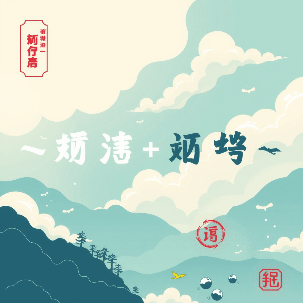 A peaceful illustration with mountains, trees, and clouds under a blue sky with text in Chinese characters.