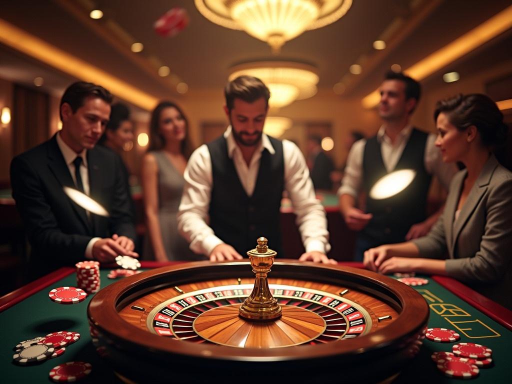 The scene showcases an elegant casino environment with a luxurious roulette table at the center. A professional dealer engages with players, bringing excitement to the atmosphere. The color palette features rich golds, blacks, and deep reds, creating a sense of opulence. Floating casino elements such as playing cards, poker chips, and dice swirl around, adding dynamic motion. Groups of high-rollers enjoy their time, enhancing the lively ambiance. Subtle lighting effects and gradients enhance the depth and dimension of the visuals. A balanced composition guides the viewer's eye from the dealer to the main message, which is highlighted with a shimmering gold badge. Glows and light streaks around key elements bring focus and emphasize the luxurious experience.