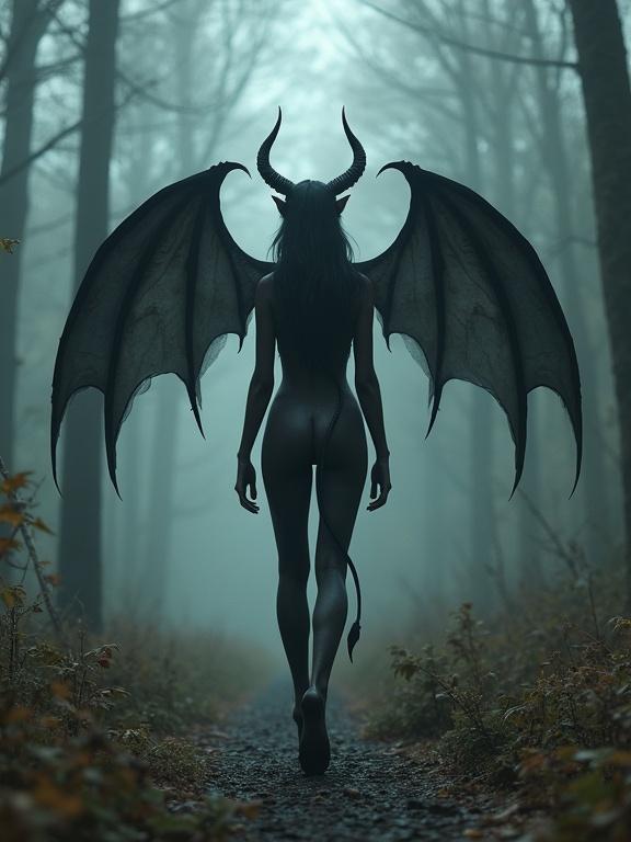 Character with horns and bat wings walks through a misty forest in a fantastical style