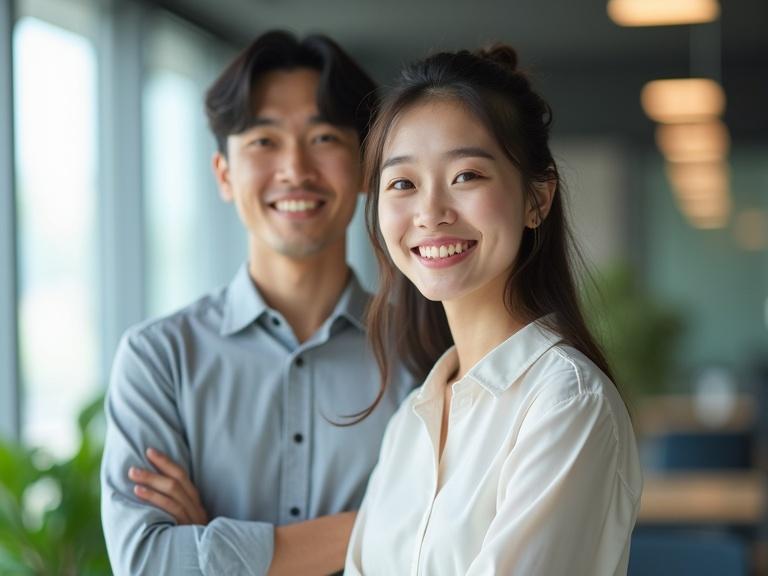 Photorealistic image of young Japanese man and woman standing together side by side in a modern office. The woman wears a formal blouse and has a warm expression. The office background has blurred elements and greenery.