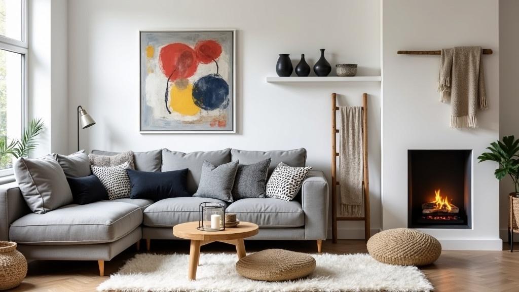 Modern cozy living room interior features grey sectional sofa with patterned black and white pillows. A large abstract painting above the sofa shows vibrant red yellow and blue colors. A white shelf holds black vases and bowls. Wooden ladder rack displays knitted blanket. Fireplace with burning fire enhances warmth. Wooden coffee table features candle on a fluffy white rug with woven ottoman.