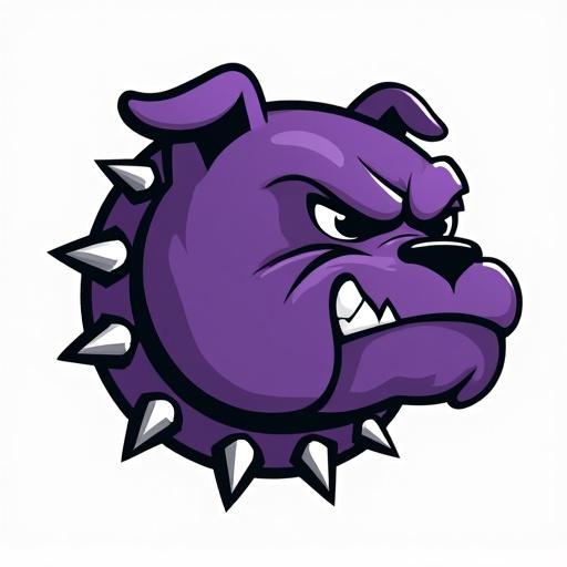 Illustration of a bulldog's head. Bulldog is purple with spiked collar. Angry facial expression. Dog's head is outlined. Style is cartoonish.