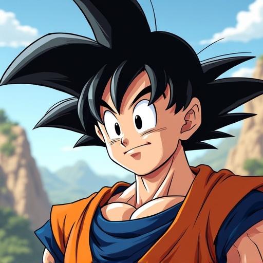 Character with spiky hair wearing a blue and orange outfit. Side view showing determination and readiness. Background with distant mountains and greenery.