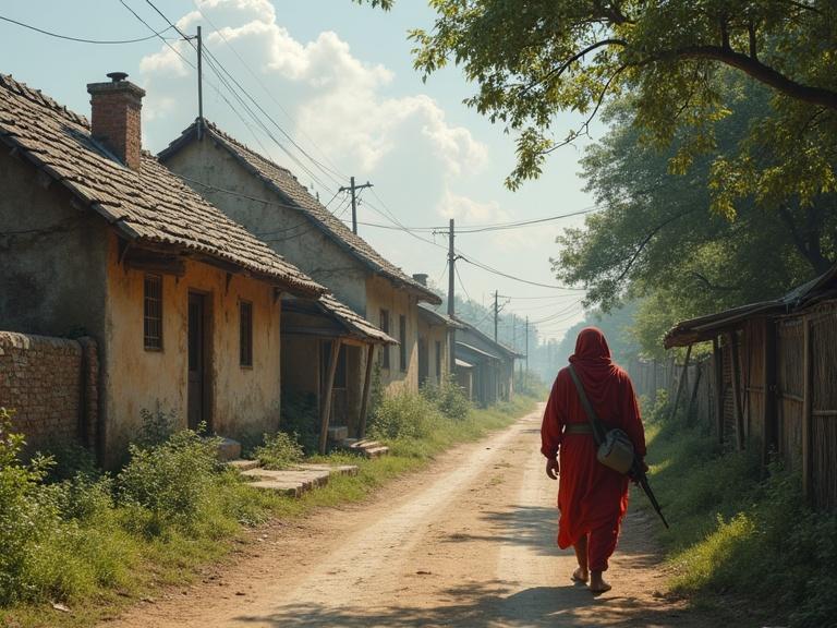 A villager walks down a dirt road in a rural Indian setting. The villager wears a red cloak and carries a rifle. Traditional houses line the road. The scene is peaceful and reflects everyday life.