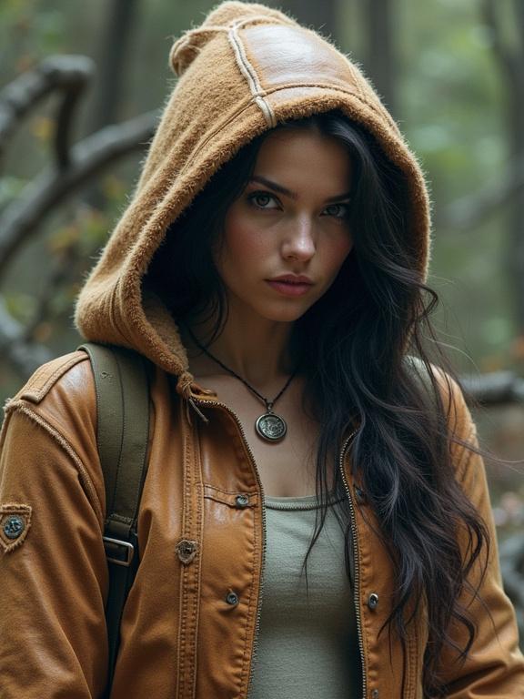 A young woman stands in a soft forest setting. She wears a brown jacket with a hood and a simple tank top. Her long hair flows around her shoulders. She carries a slim backpack. The background shows blurred trees and foliage. The image evokes a sense of mystery and adventure.