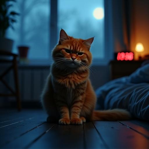 A fluffy ginger cat sits in a dim bedroom. Cat gazes at camera with a sly smirk. Moonlight illuminates the cat's fur. Soft shadows fall on the floor. Silhouette of an unmade bed visible. Nightstand with glowing digital clock is in background. Dust particles float in moonbeam. Cinematic atmosphere with high detail.