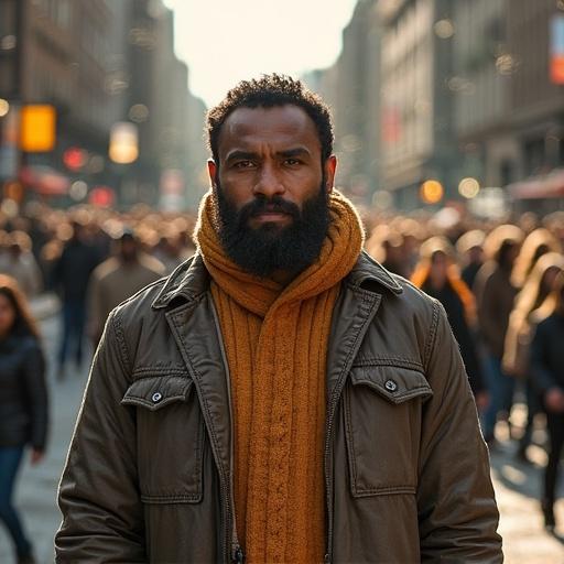 Image of a man in an urban environment. He has a beard and is wearing a hooded coat with a scarf. Crowd in the background, city architecture is visible. The scene captures a lively atmosphere.