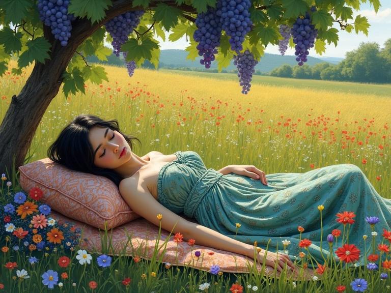 Create an impressionistic painting of a woman sleeping in a flower-filled meadow under a grapevine. Use vibrant colors like green, yellow, red and blue. Highlight detailed patterns in her dress, the patterned cushion, and the wildflowers. Ensure the lighting is soft and diffused for a dreamy feel. Include a bouquet of flowers near her feet.