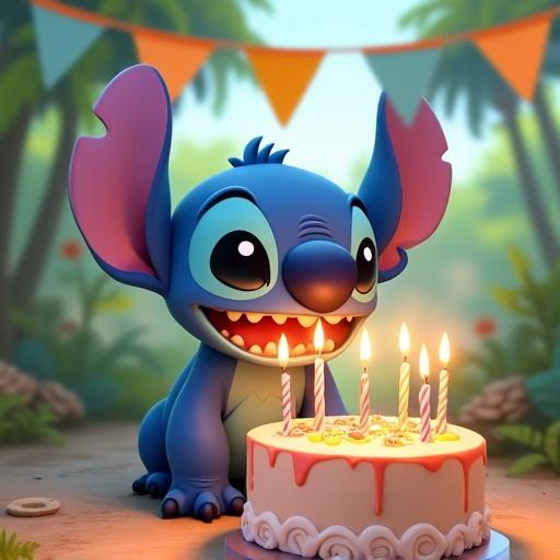 Cartoon character Stitch celebrates with a birthday cake featuring 5 candles. Background shows a tropical park scene with a flag banner hanging above.