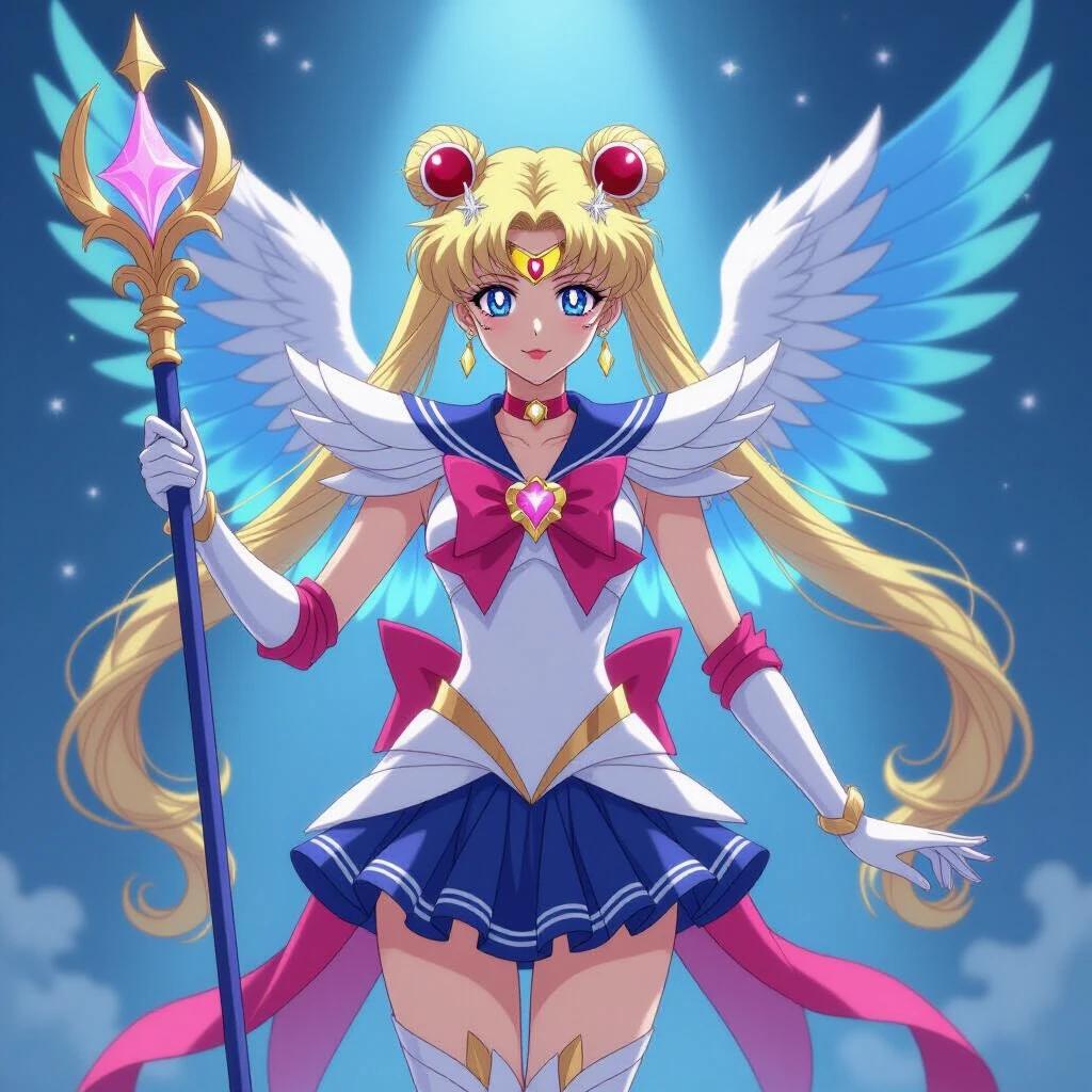 Usagi Tsukino in an intricate cosplay combining Angewomon and Dark Magician Girl. She has blue and pink magical outfit with angel wings. Character holds a staff. Golden hair shines under dramatic lighting in a soft background.