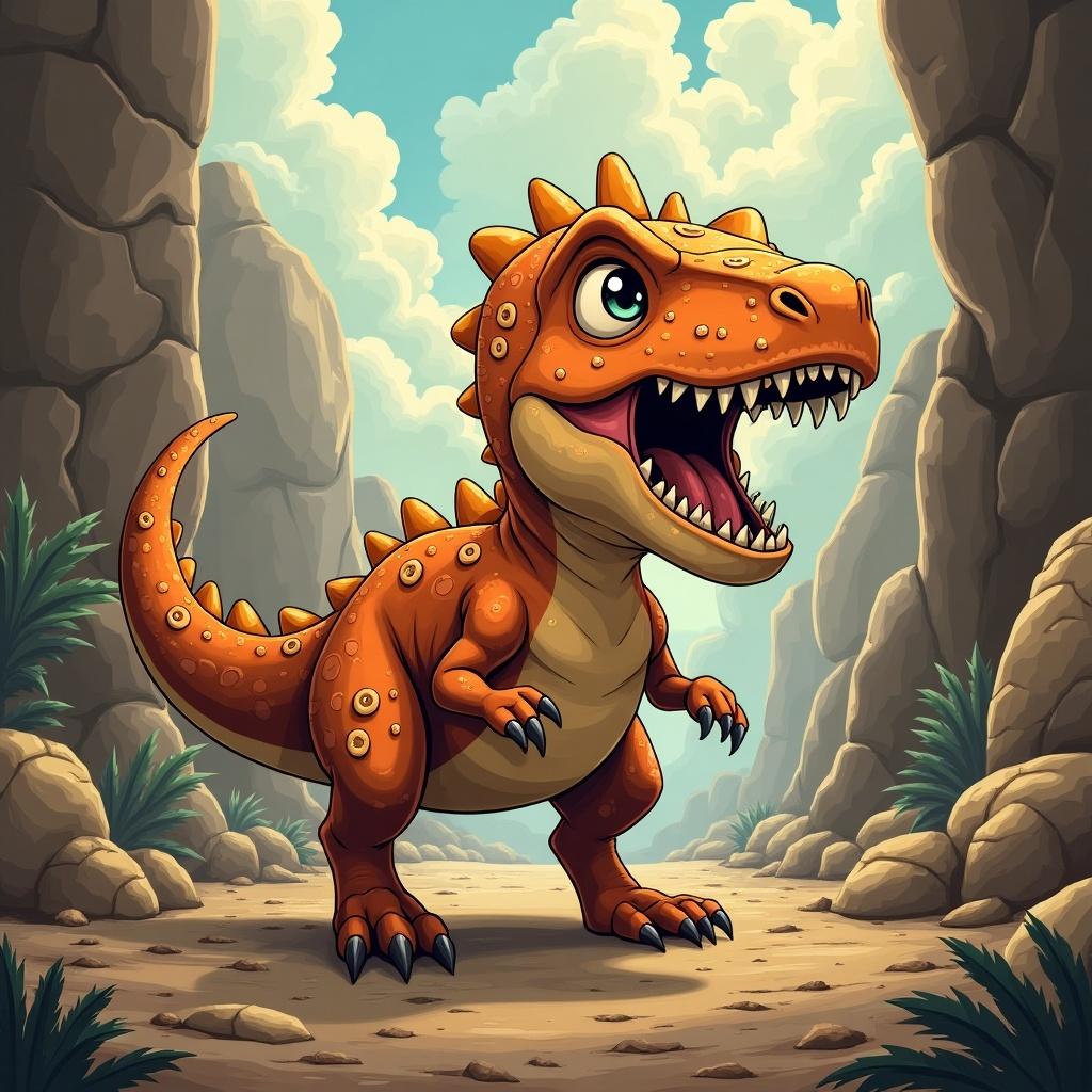 Cartoon dinosaur character in a rocky landscape. Dino is orange with spikes and a friendly expression. Background contains soft clouds and greenery.