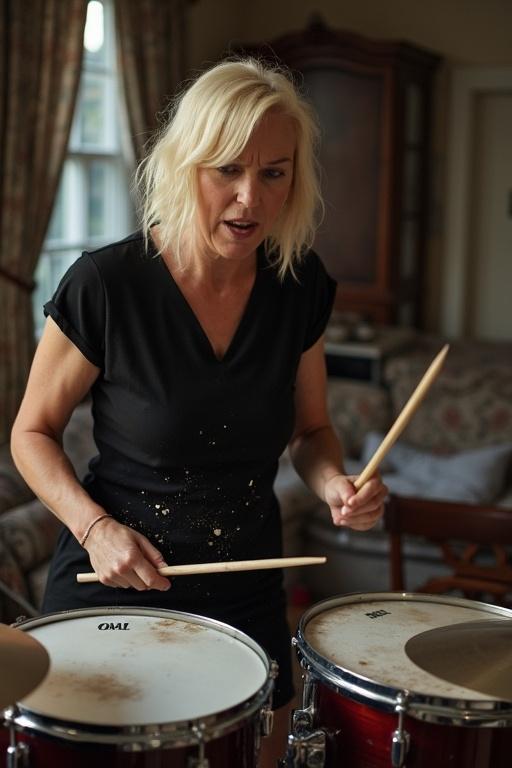 A blonde woman with short hair in black attire plays a drum kit with intensity. She appears frustrated. A man watches in shock in a home setting with visible furniture.