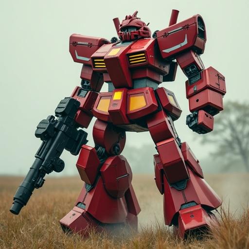 Live-action style mecha warrior stands in a foggy field holding a gun. A strong presence is felt from the robot's stature. Looks menacing and powerful.