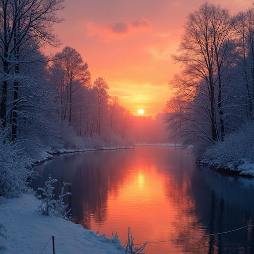 Breathtaking sunset over a peaceful lake surrounded by snow-covered trees and a vintage wooden atmosphere