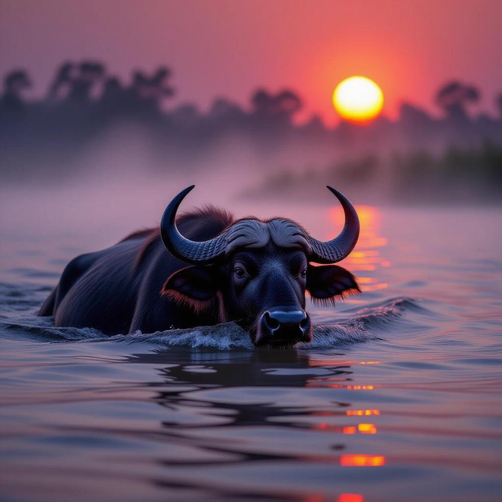 Close-up of a wild water buffalo swimming in foggy sunset water. Professional wildlife photograph by noted artists. Image features vibrant deep colors red and grey.