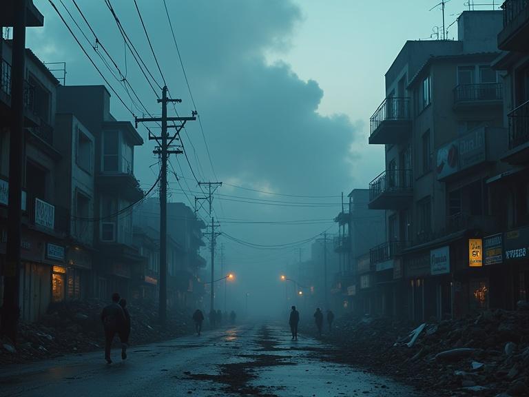 A cinematic dark town scene filled with destruction. Ground is split open. Buildings damaged. Clouds hang heavy in the sky. People are running. Traffic and stores are visible. Powerlines cross the scene. Light poles cast shadows. Textures are detailed. Smoke adds to the atmosphere. Dark blue filter enhances the mood.