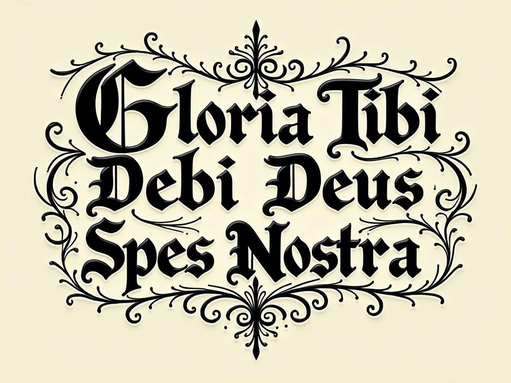 This image features the phrase 'Gloria Tibi Deus Spes Nostra' rendered in an elegant medieval style. The typography showcases classic lettering with elaborate flourishes and decorative elements. The letters are predominantly black with a glossy finish, standing out against a soft cream background. Surrounding the text are intricately designed flourishes that enhance its artistic appeal. This design is suitable for various creative applications such as branding, packaging, and event invitations.