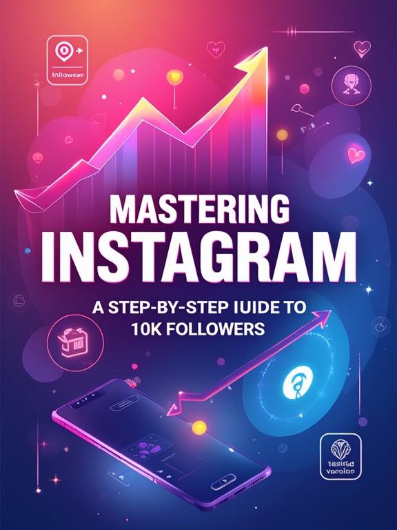 Vibrant digital illustration of an eBook cover. Gradient background with pink, purple, blue hues. Bold title 'MASTERING INSTAGRAM' in modern font. Subtitle 'A STEP-BY-STEP GUIDE TO 10K FOLLOWERS'. Geometric shapes like arrows and camera lenses. Minimalist icons of a trophy and checkmark. Bright colors with neon accents. Clean composition for professionalism.