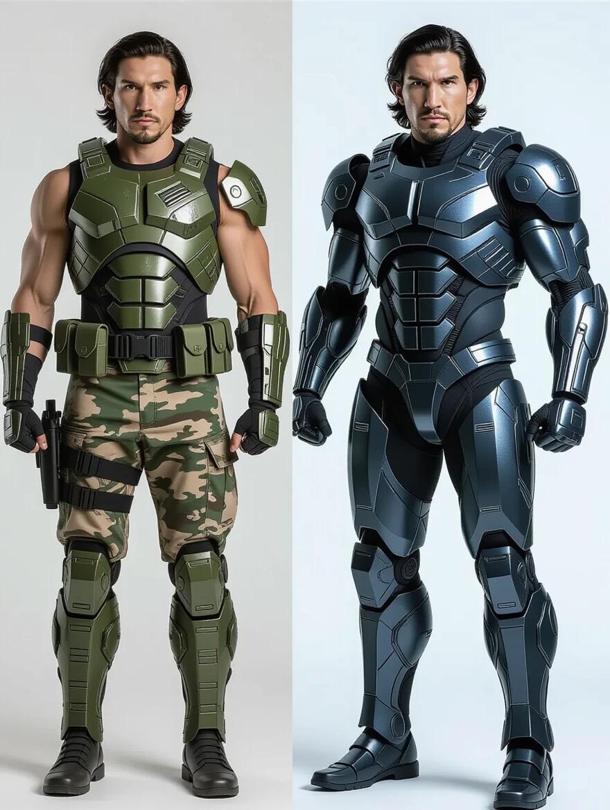 A handsome soldier appears on the left. He wears green tactical armor and camouflage pants. On the right, he transforms into an armored cyborg. The cyborg has a massive muscular build and blue metallic armor. The image shows a clear before and after contrast.