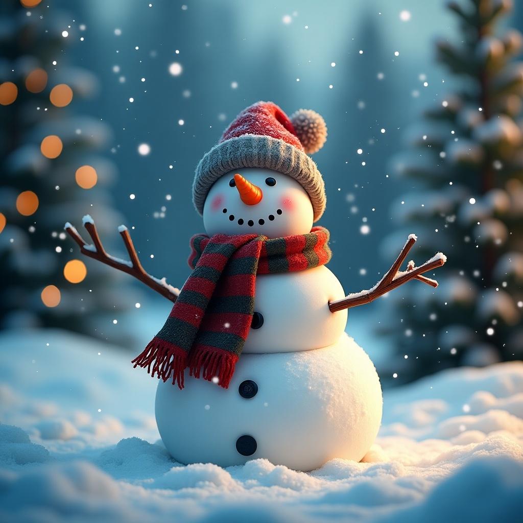 Snowman wearing a traditional hat and scarf stands in a snow-covered landscape. Snow gently falls around the snowman. Soft lighting and blurred evergreen trees in the background create a magical winter scene.