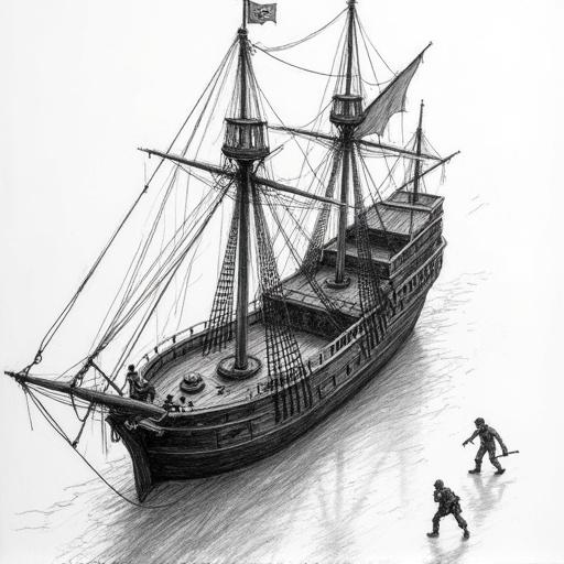 Extremely rough sketch of a pirate ship. Pirates loading their ship with supplies. High angle view of the scene. Incomplete detail emphasizing outlines and raw line work.