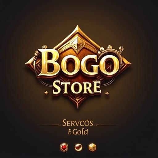 Fantasy MMO game background featuring a logo labeled Bogo Store with subtitles Serviços and Gold.