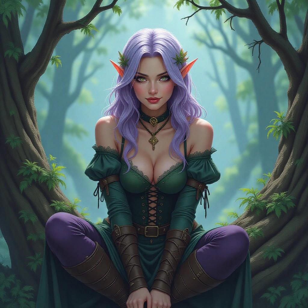 Watercolor painting featuring a female fairy rogue with shoulder-length lavender hair. She has a mischievous smile and is positioned sitting on a tree branch surrounded by eerie fog. The image incorporates cinematic lighting and dark fantasy elements, emphasizing low-key illumination and a mysterious atmosphere.